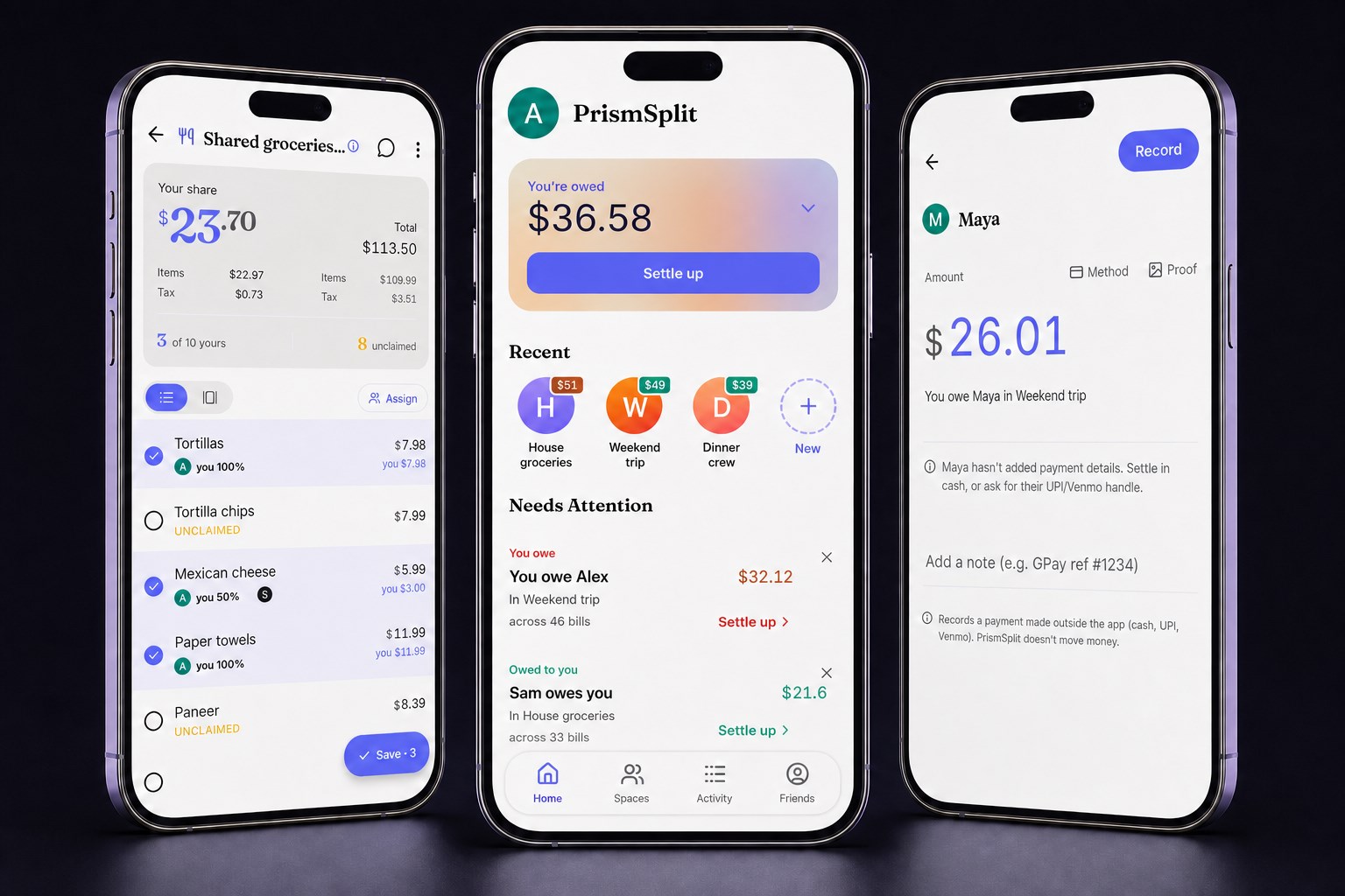 Privacy-safe PrismSplit screens showing grocery item claims, fictional group balances, and a recorded external payment