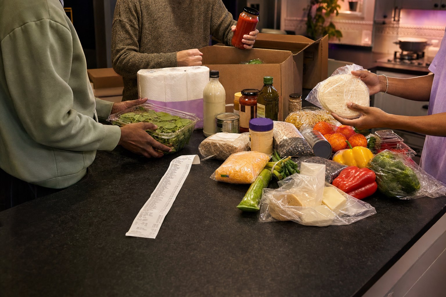 Roommates sorting a grocery haul beside a long receipt