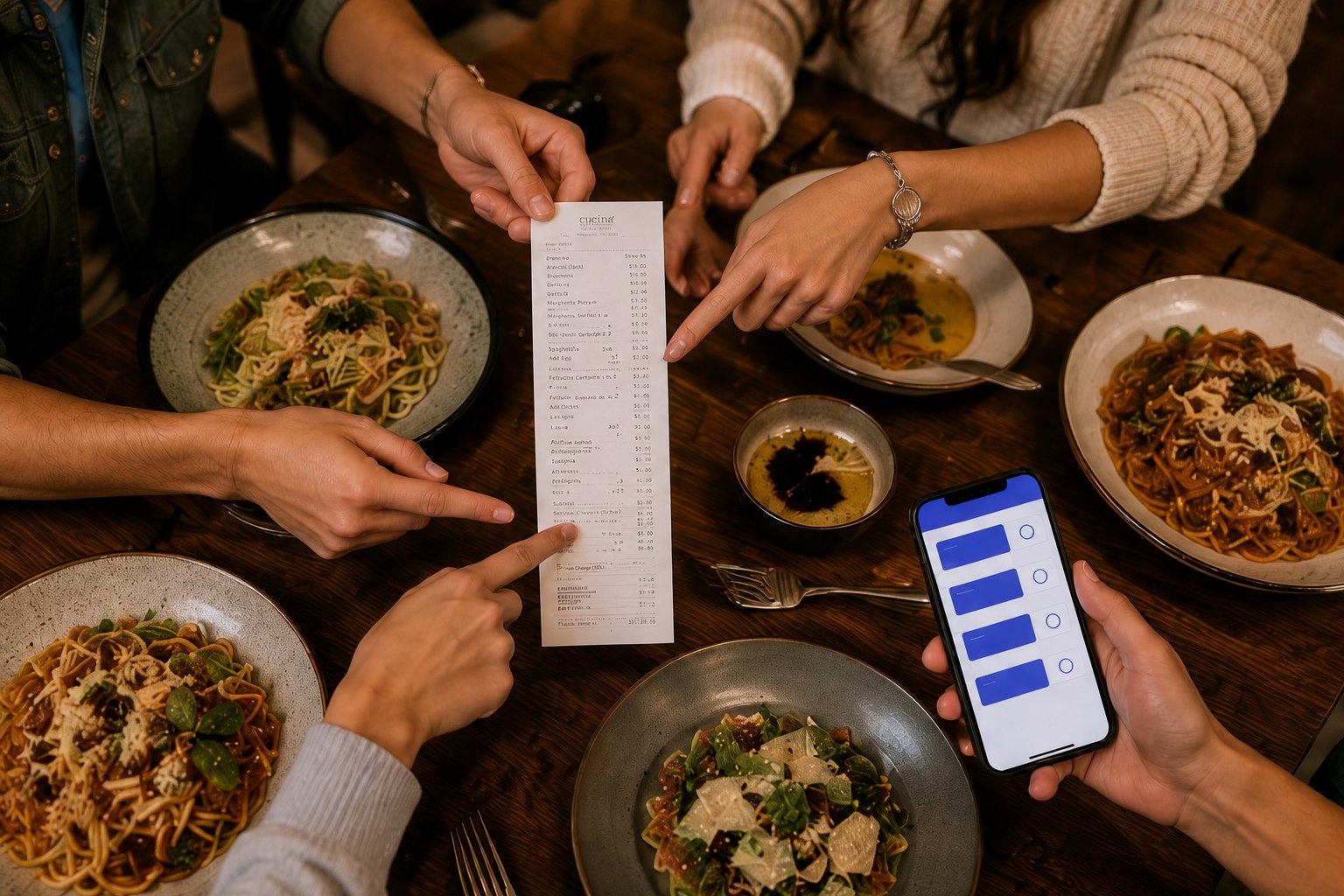 Friends assigning restaurant dishes from one long receipt